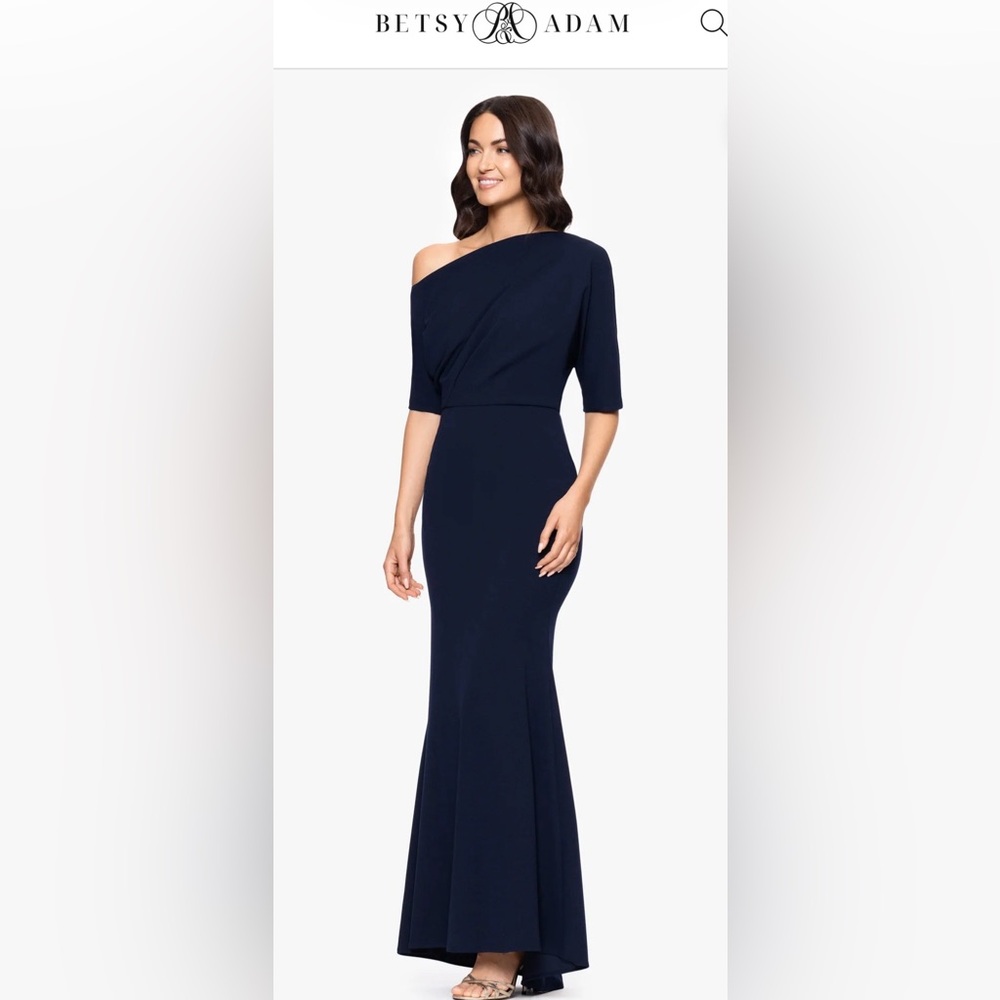 Betsy & Adam Off-Shoulder Navy Mermaid Gown